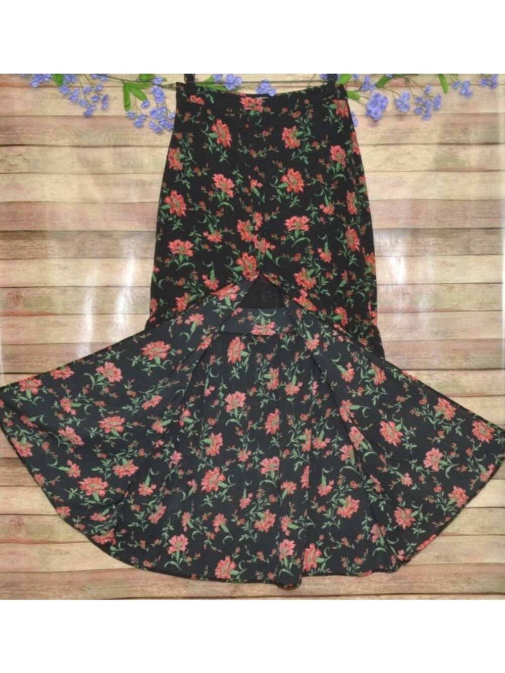MODCLOTH M Black &Red Dark Floral Slit Hem Maxi Skirt Button Front Romantic Boho